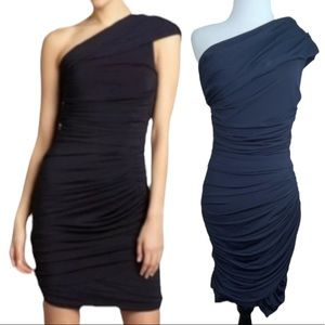 Vera Wang Lavender Label Navy One Shoulder Ruched Dress Sz 4